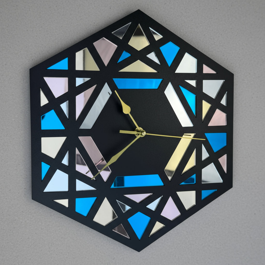 Geometric hexagonal wall clock with colorful design on a gray background
