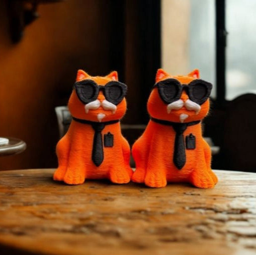 Two orange cat figurines wearing sunglasses and ties on a wooden surface.