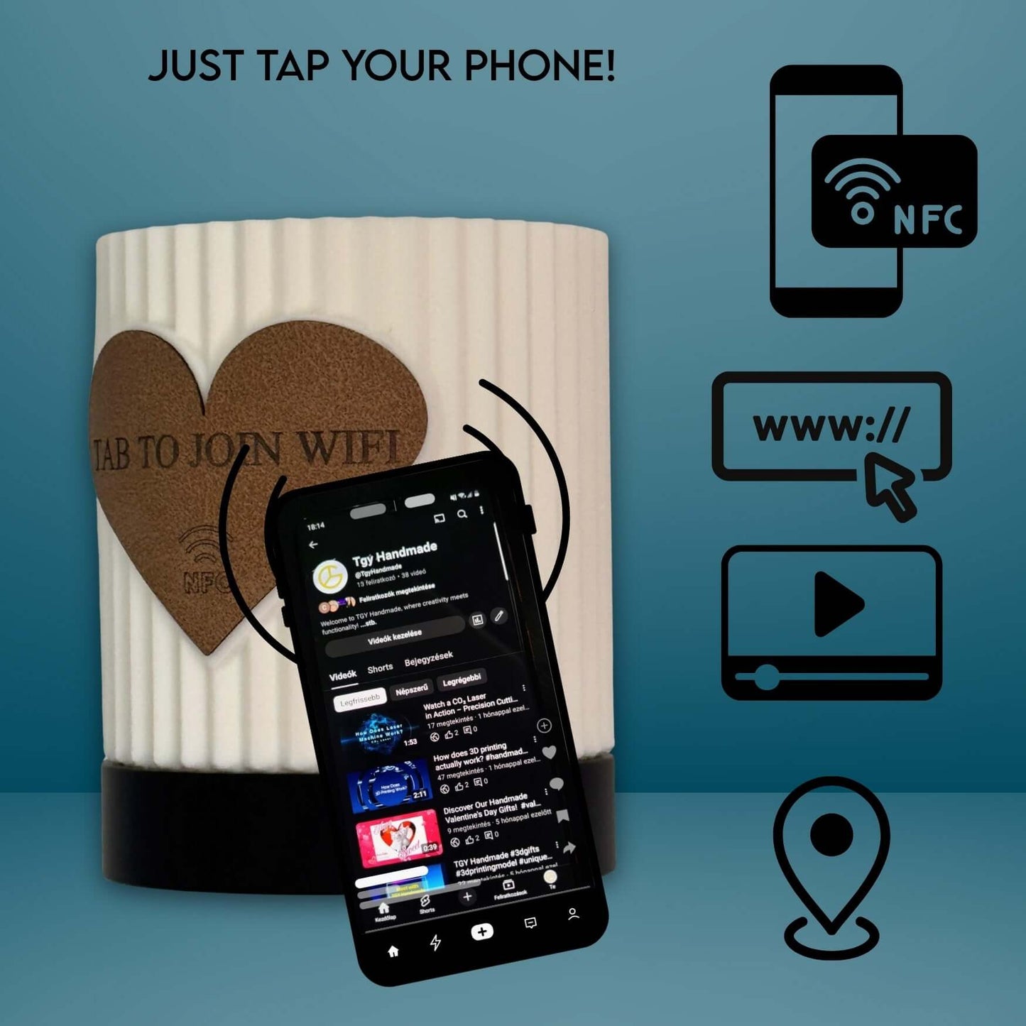 Product with NFC and QR code features, smartphone app interface displayed, on a blue background