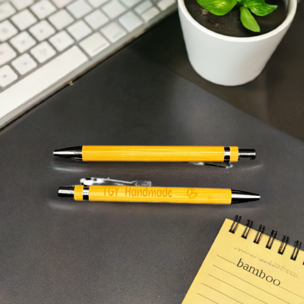 A close-up of the Customizable Bamboo Pen, highlighting its smooth texture and precise engraving. A unique and eco-friendly writing tool.