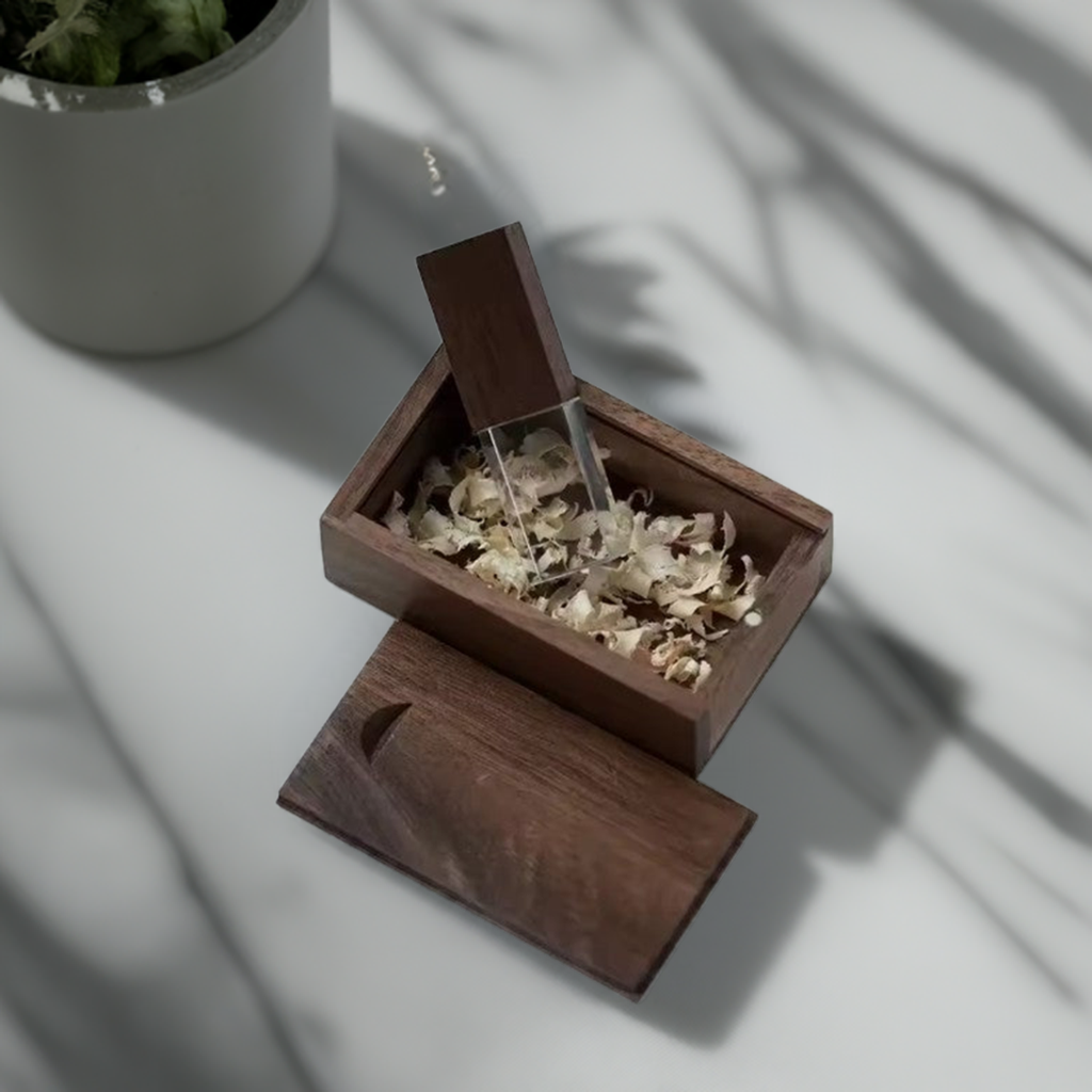 A personalised version of the USB drive, featuring an engraved name and date on the wooden surface, perfect for weddings or special occasions.