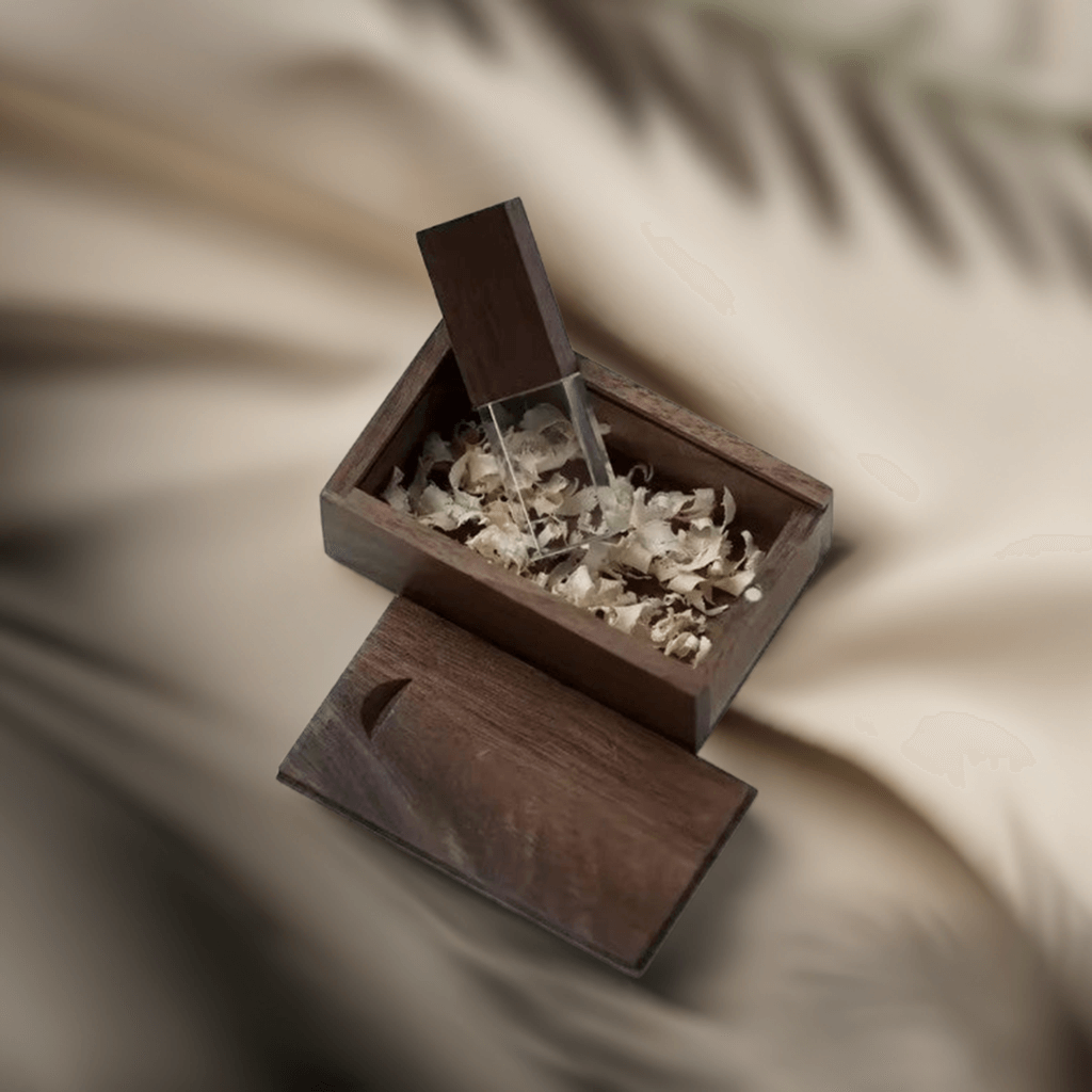 The wooden box with its lid slightly open, revealing the securely placed USB inside, making it a stylish and protective storage solution.