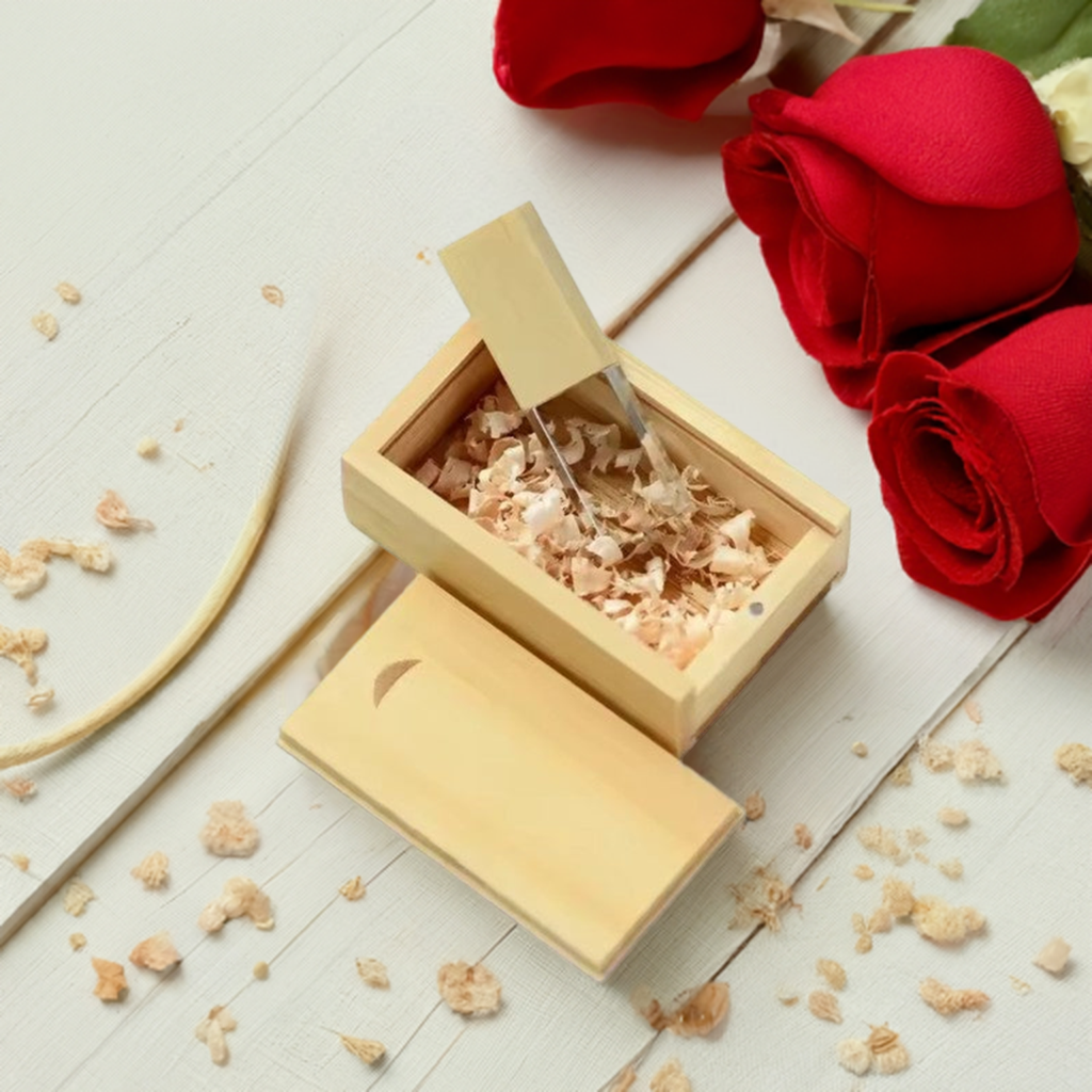 A luxurious Crystal & Wood USB drive resting inside its matching wooden box, showcasing its elegant design and premium craftsmanship.