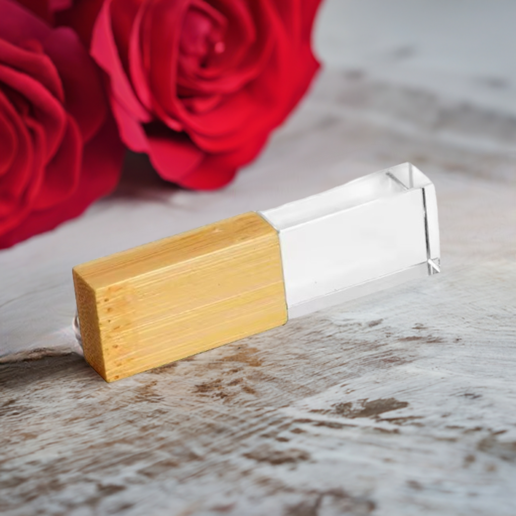 A beautifully arranged flat lay of the Crystal & Wood USB and its box, surrounded by delicate wedding decor, making it an ideal gift choice.