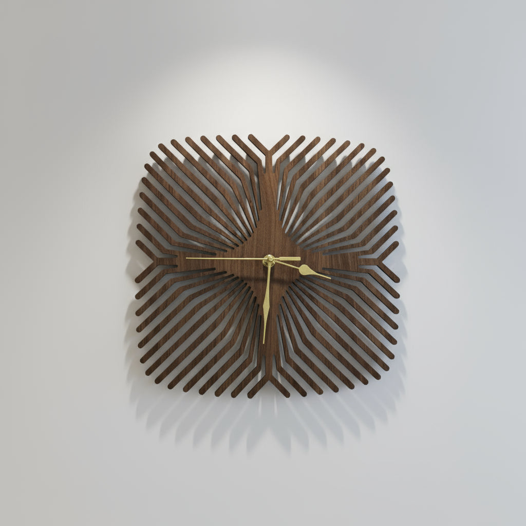 Wooden wall clock with geometric design on a white background