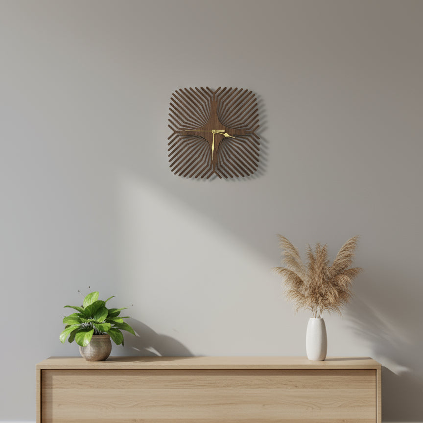Decorative wall clock on a plain wall with a wooden console table and plants.