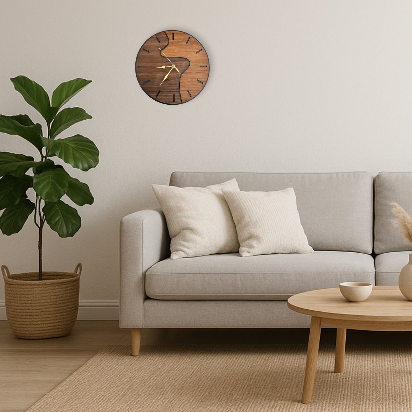 Living room with a gray sofa, wooden coffee table, and decorative clock on the wall.
