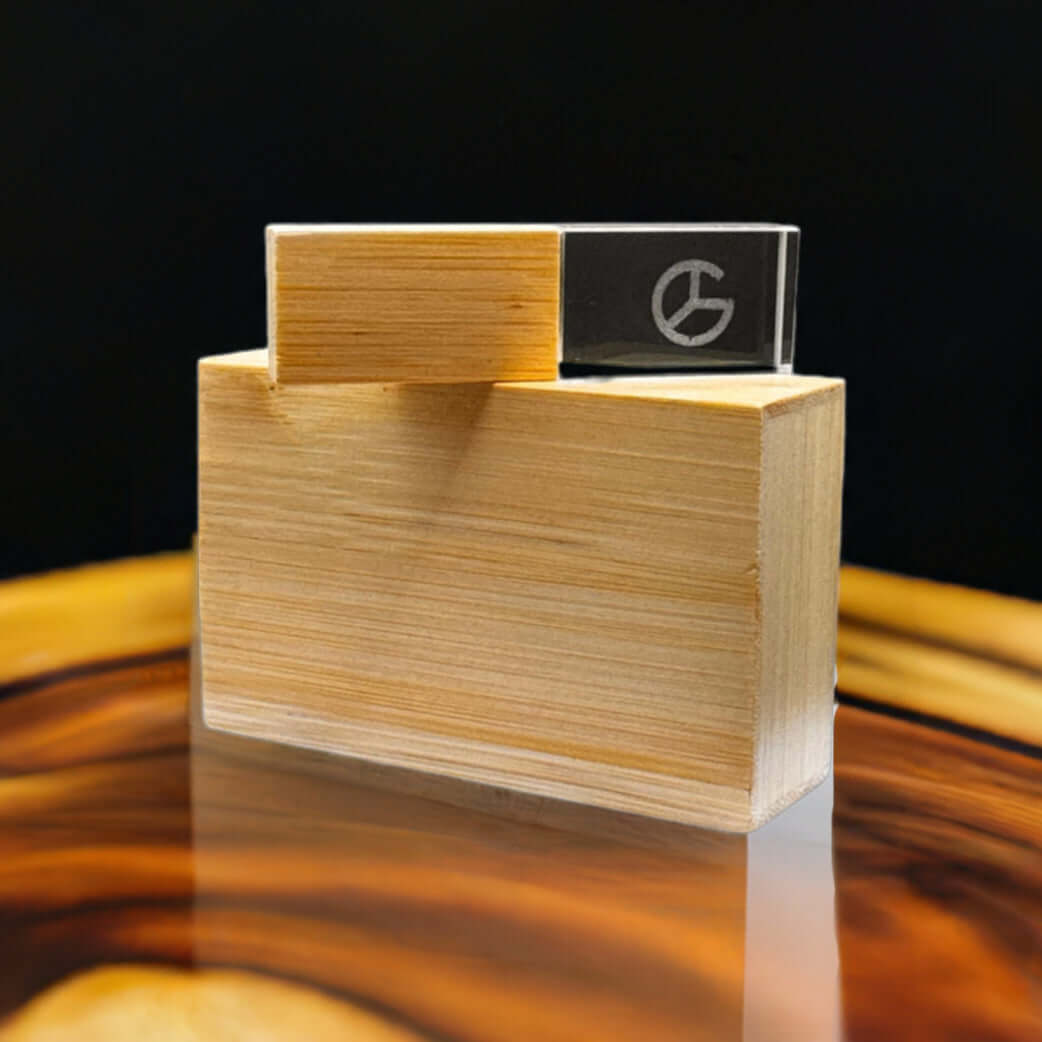 A beautifully crafted Crystal & Wood USB drive placed inside its matching wooden box, showcasing its elegant and timeless design.