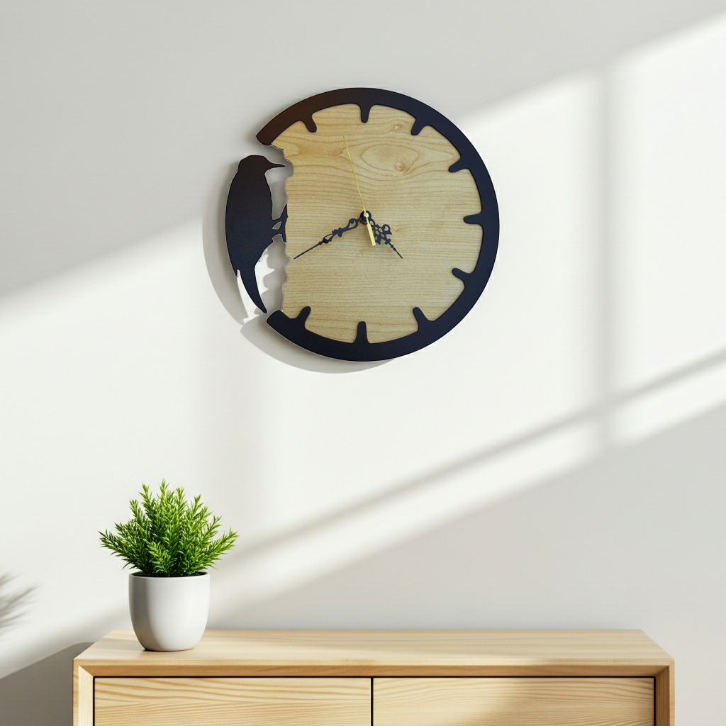 Wooden wall clock with black rim on a white wall above a wooden cabinet with a plant.