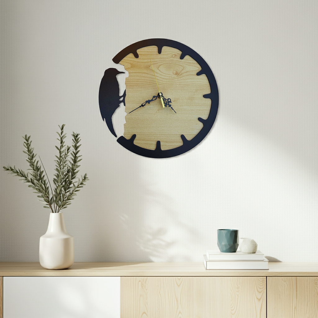 Wooden wall clock with bird design on a white wall above a wooden shelf.