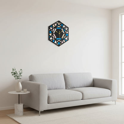 Geometric wall clock with a black frame on a teal background