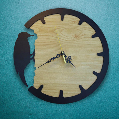 Wooden wall clock with bird silhouette on a blue background