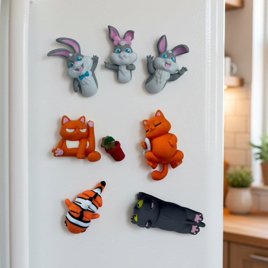 Set of colorful animal-shaped magnets on a refrigerator door.