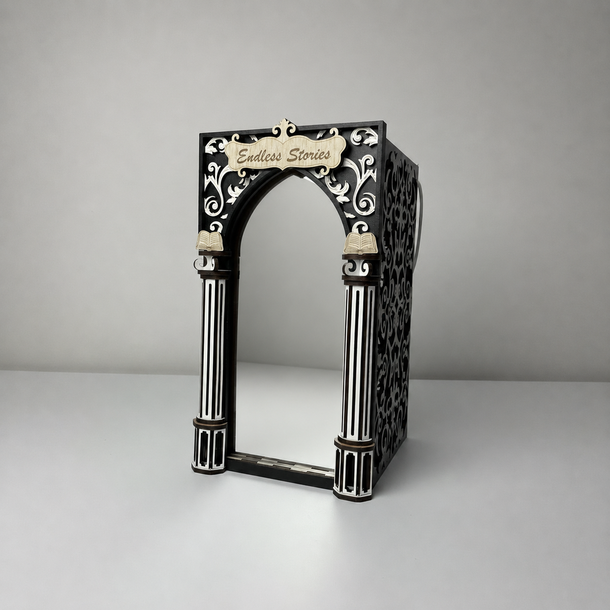 Decorative bookend with 'Endless Stories' text on a gray background