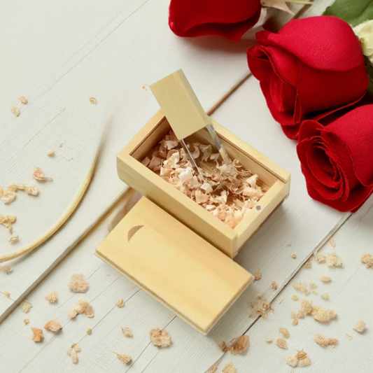 A luxurious Crystal & Wood USB drive resting inside its matching wooden box, showcasing its elegant design and premium craftsmanship.
