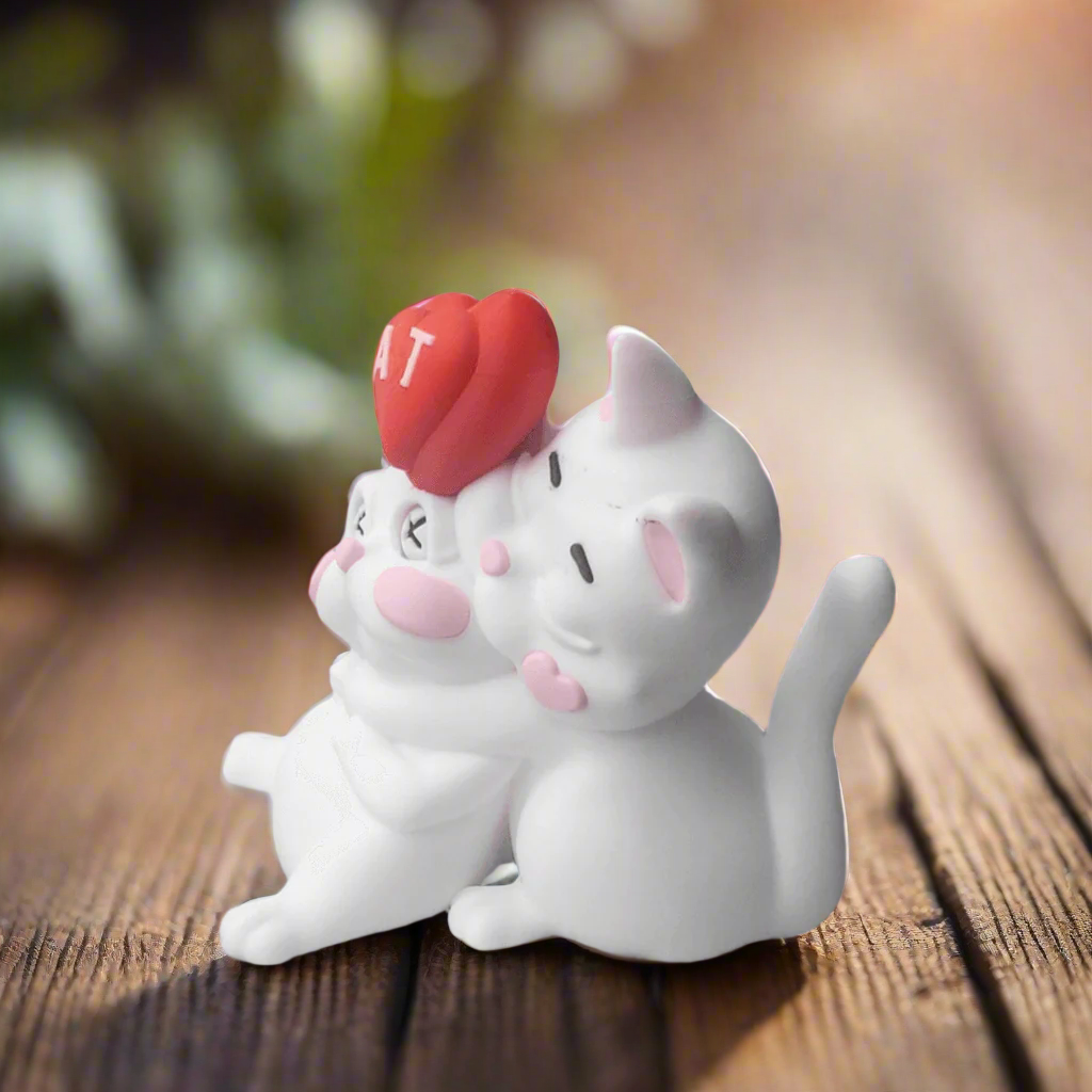 Front view of a personalized cat couple decoration featuring a red heart on the forehead, monogrammed with initials for a custom romantic touch.