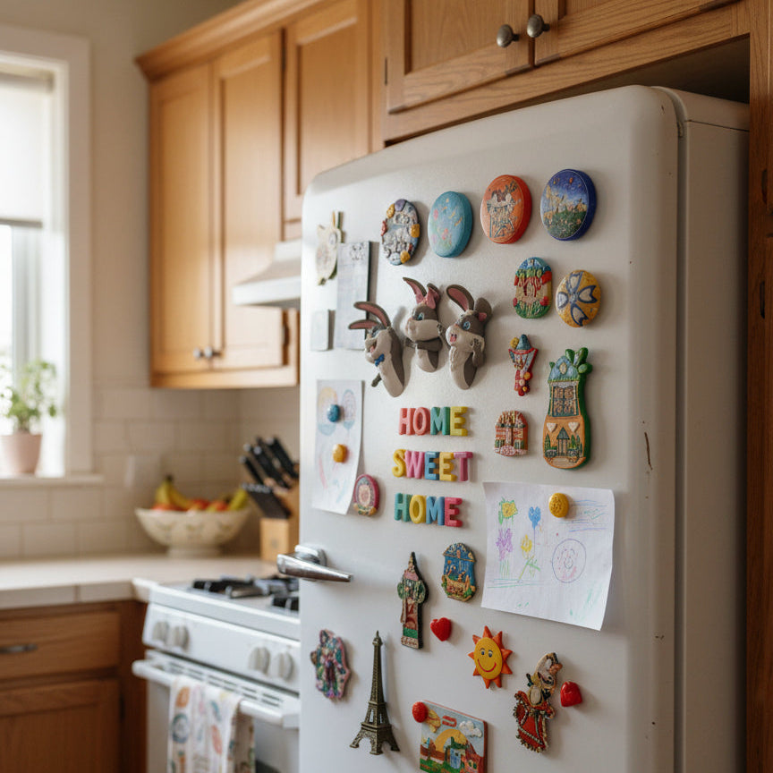 Kitchen with a refrigerator covered in colorful magnets and notes