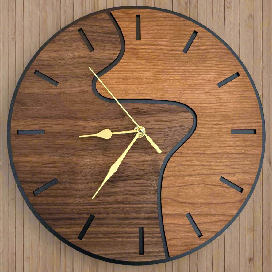 Wooden wall clock with a unique design on a wooden background