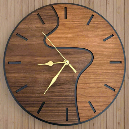 Wooden wall clock with a unique design on a wooden background