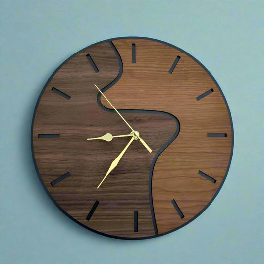 Wooden wall clock with gold hands on a gray background