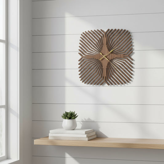 Wooden wall clock with geometric design on a light blue background