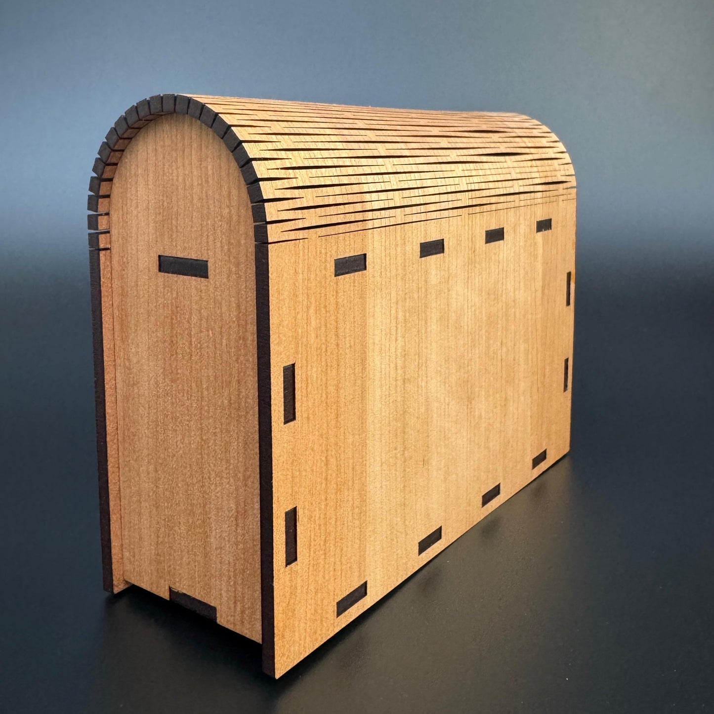 Wooden mailbox with a modern design on a gradient background