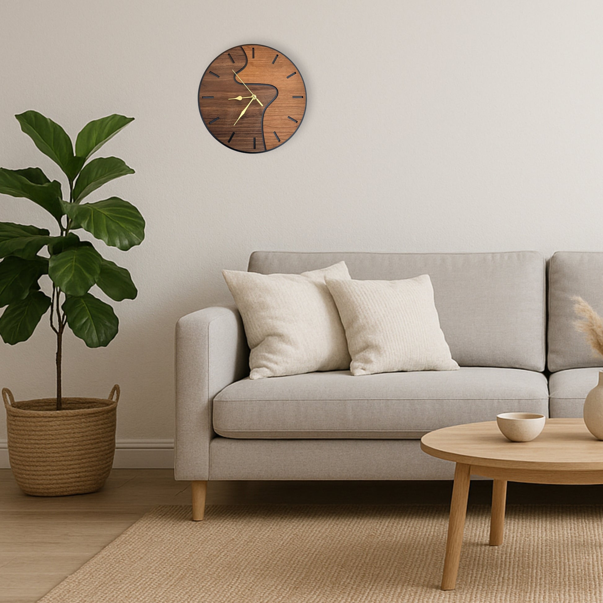 Living room with a gray sofa, wooden coffee table, and decorative clock on the wall.