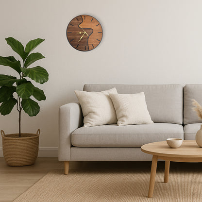 Living room with a gray sofa, wooden coffee table, and decorative clock on the wall.