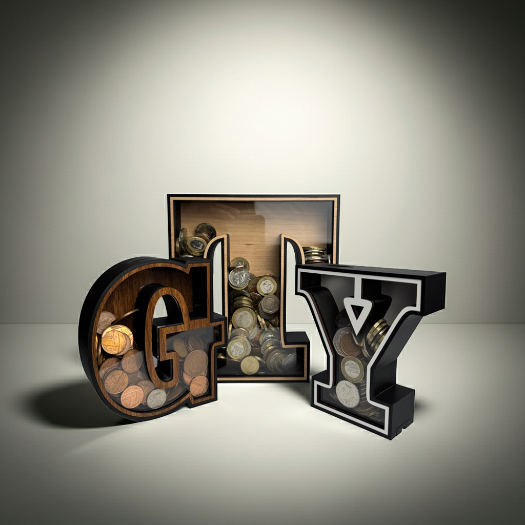 Decorative letters 'GLY' with coins on a neutral background
