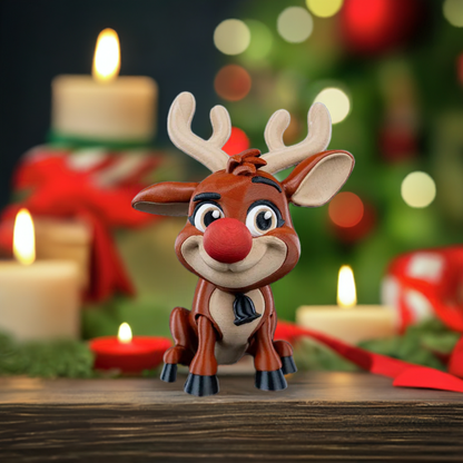 A 3D-printed reindeer Christmas ornament with a red nose, displayed in a cozy holiday setting with candles and Christmas decorations in the background.