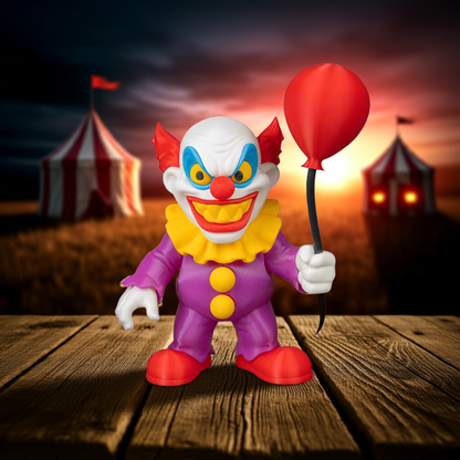 Colorful clown figurine with a red balloon against a circus tent backdrop