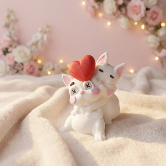 Two cartoon-style pig figurines with a red heart on a soft surface with flowers and lights in the background.