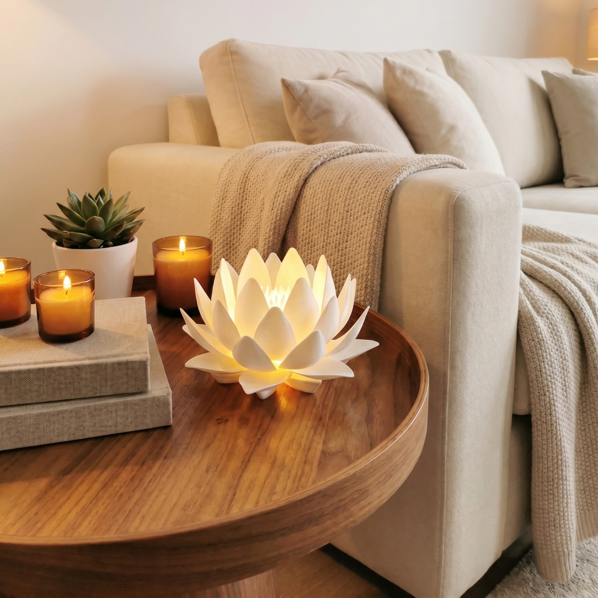 Cozy living room with a beige sofa, wooden coffee table, and decorative items.