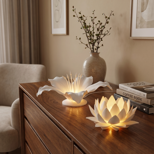 Decorative flower-shaped lamps on a wooden surface with a vase and books in the background.