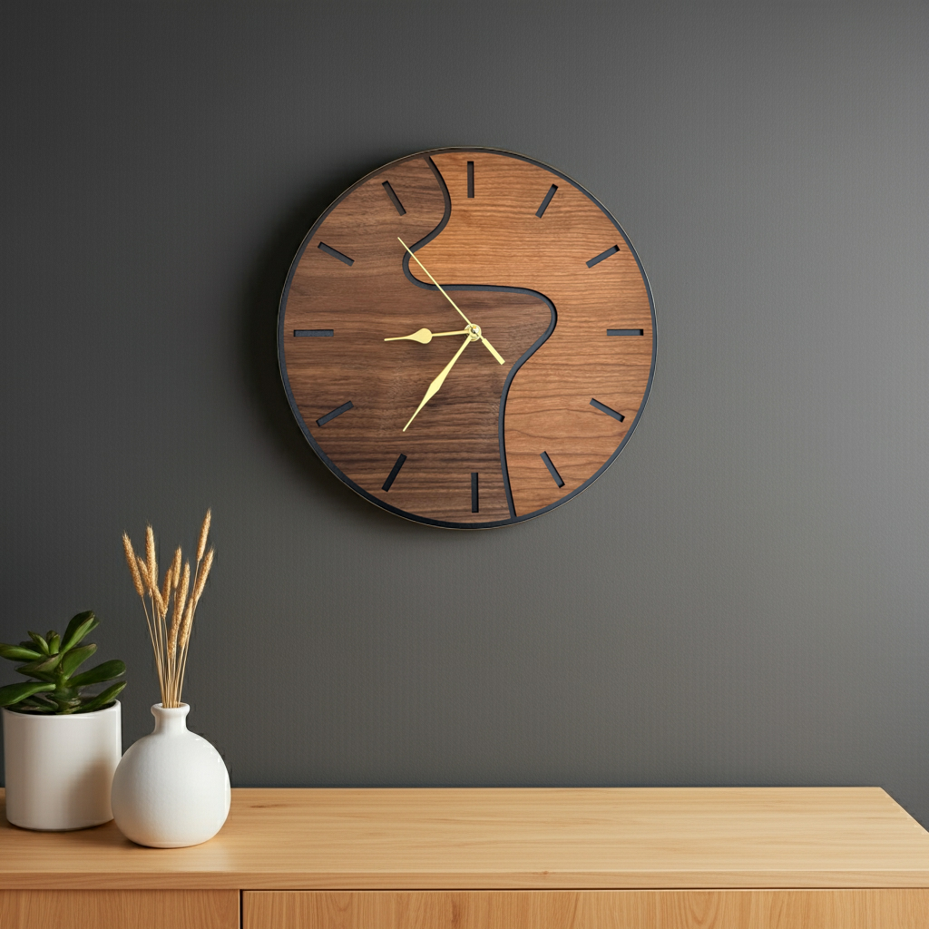 Wooden wall clock on a gray wall with a wooden shelf and decorative items.